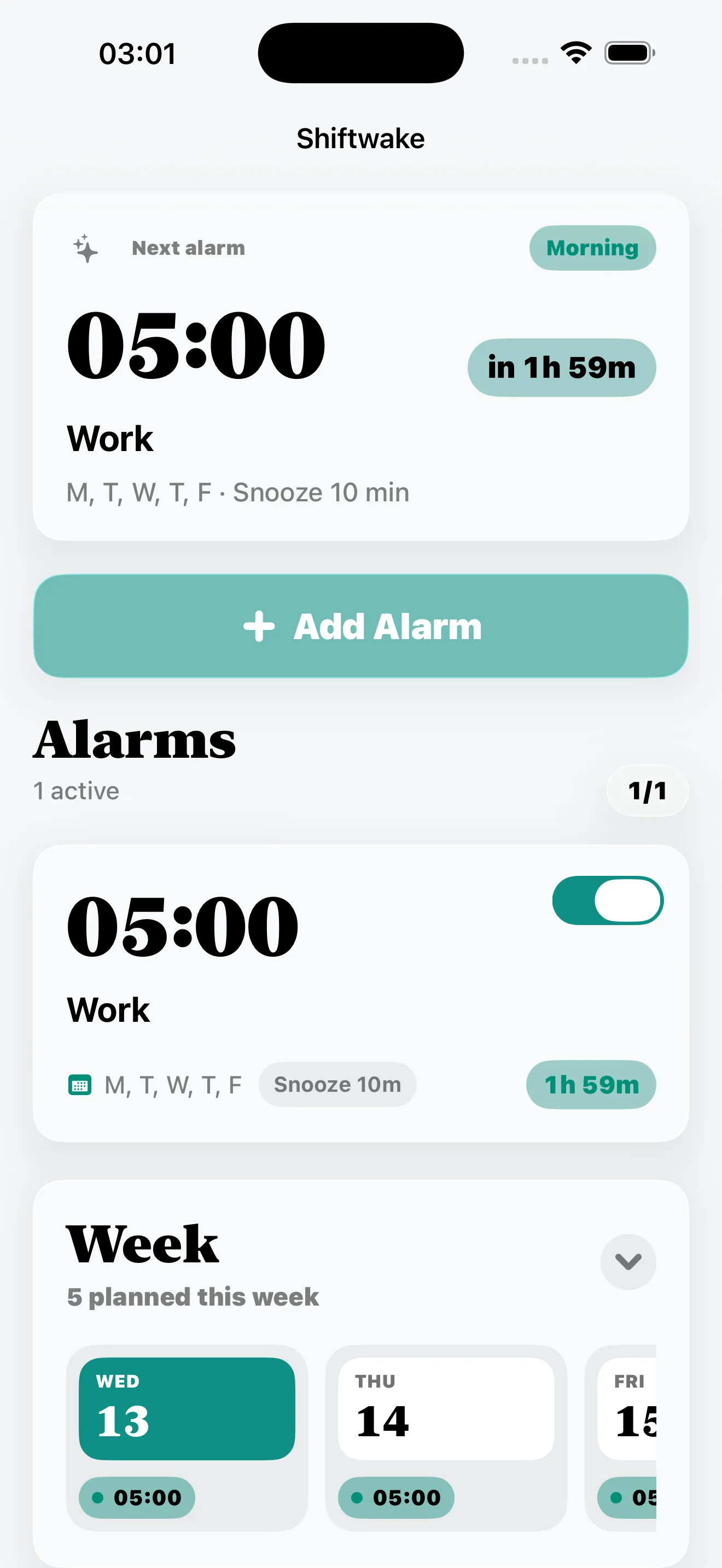 Shiftwake home screen showing the next alarm and weekly schedule.