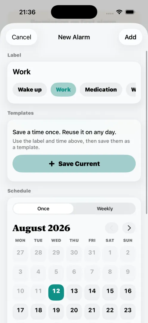 Shiftwake new alarm screen with reusable templates and a monthly schedule.